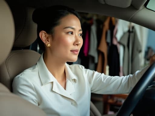 30대 중반의 동양인 여성이 세련된 의상을 입고 편안한 표정을 지으며 운전대에 손을 올리고 있는 모습이 담긴 반신 촬영, 배경에는 다양한 의류가 걸린 옷장이 있어 그녀의 패션에 대한 고민을 나타냅니다.