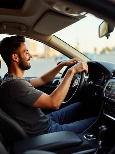 20대 후반의 중동계 남성이 편안한 복장을 하고 반신 사진으로 촬영되었습니다. 그는 따뜻한 미소를 지으며 운전대에 손을 올리고 차량의 내비게이션 화면을 바라보고 있으며, 아늑한 차량 내부가 개인 공간과 편안함을 느끼게 합니다.