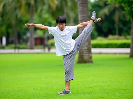 야외 공원에서 요가 자세를 취하고 있는 30대 초반 아시아계 남성의 반신 사진. 그는 실망한 표정을 지으며 아래를 바라보고 있으며, 한쪽 다리로 균형을 잡고 있고, 푸른 잔디와 나무가 배경으로 펼쳐져 있다.