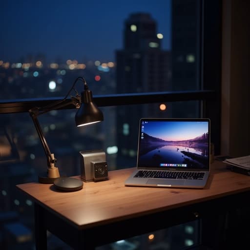 나무 책상에 놓인 슬림한 노트북, 빛나는 화면, 표면에 미세한 반사, 배경에 있는 희미하게 조명된 도시 야경, 주변 도시 불빛, 따뜻한 색조.