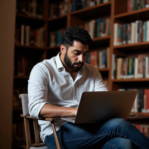 30대 중반의 중동계 남성이 편안한 셔츠와 청바지를 입고 다리를 뻗고 앉아 노트북 화면을 깊이 집중하며 바라보고 있는 모습의 반신 사진. 책장이 가득한 조용한 스터디룸에서 고민하는 분위기가 잘 드러나 있습니다.