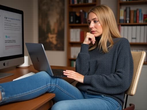 40대 중반의 유럽계 여성이 편안한 니트 스웨터와 청바지를 입고 온라인 강의실에서 노트북 앞에 앉아 있습니다. 그녀의 표정은 컴퓨터 화면의 강의 자료를 바라보며 스트레스를 받는 모습이며, 다리는 편안하게 뻗고 있습니다. 배경에는 책장이 있어 학구적인 분위기를 더하며, 따뜻한 조명이 아늑한 느낌을 줍니다.