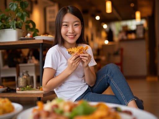10대 후반의 아시아계 여성이 아늑한 식당 바닥에 앉아 행복하게 미소를 짓고 있는 반신 사진입니다. 캐주얼한 티셔츠와 청바지를 입고 있으며, 손에 맛있는 간식을 들고 기쁘게 먹고 있는 모습이 담겨 있습니다. 배경에는 다양한 맛있는 음식이 놓인 테이블이 있어 따뜻하고 초대하는 분위기를 자아냅니다.