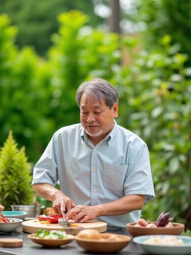 40대 중반의 한국인 남성이 편안한 셔츠와 바지를 입고, 푸른 식물로 가득한 정원에서 재료를 능숙하게 썰며 미소 짓고 있는 모습. 이 이미지는 따뜻함과 평온함의 느낌을 전달합니다.