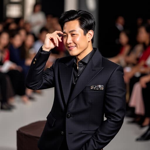 이미지에는 세련된 정장과 고급스러운 액세서리를 착용한 30대 중반의 한국인 남성이 자연스러운 미소로 자신감 있게 보이고 있습니다. 그는 손을 머리에 얹고 여유로운 자세를 취하고 있으며, 다양한 관객들이 있는 화려한 패션쇼의 런웨이가 배경을 이루어, 이벤트의 흥미로움 속에서 편안한 우아함의 순간을 포착하고 있습니다.