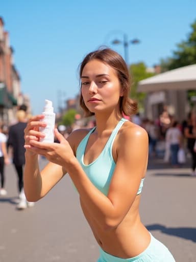 10대 후반의 유럽계 여성의 반신 사진이 담긴 이미지로, 밝은 파스텔 톤의 요가복을 착용하고 있습니다. 그녀는 요가 자세를 취하며 화장품을 조심스럽게 손에 들고 있으며, 집중하고 긴장한 표정을 짓고 있습니다. 배경에는 화창한 날씨 속에 사람들이 있는 활기찬 도시 거리가 펼쳐져 있어, 에너제틱하고 생동감 넘치는 분위기를 잘 나타내고 있습니다.