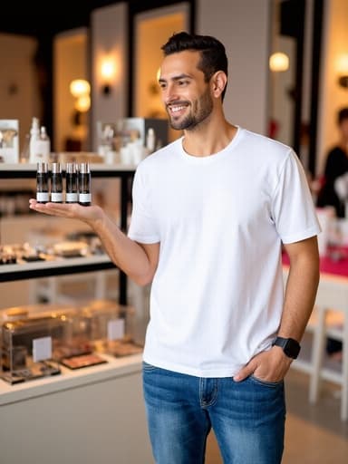 30대 초반의 중동계 남성이 세련된 흰색 티셔츠와 청바지를 입고 친근하게 미소 지으며 화장품을 추천하는 모습. 화장품이 진열된 패션 매장 내부에서 그의 손이 펼쳐져 다양한 제품을 보여주며 현대적이고 매력적인 분위기를 연출합니다.