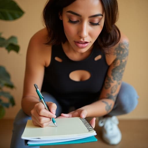 중동계 여성의 젊은이가 운동복을 입고 아늑한 스파 환경에서 약간 앞으로 숙인 자세로 놀란 표정을 지으며 스포츠 노트에 글을 쓰고 있습니다. 부드러운 조명과 편안한 장식이 휴식과 집중의 분위기를 더합니다.