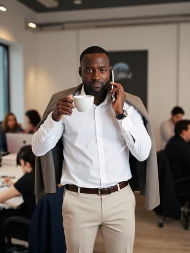 40대 중반의 흑인 남성이 화이트 셔츠와 캐주얼 블레이저를 입고 전화 통화를 하며 약간 찡그린 표정으로 커피를 마시는 모습이 반신 촬영으로 담겨 있습니다. 배경에는 여러 작업 공간과 동료들이 있는 활기찬 공유 오피스 환경이 펼쳐져 있어 따뜻하고 협력적인 분위기를 연출하고 있습니다.