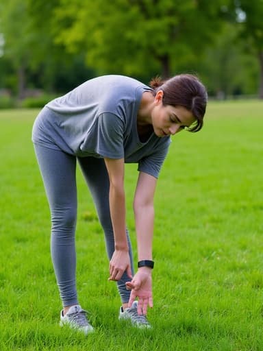 편안한 운동복을 입고 있는 40대 중반의 백인 여성이 스트레칭 자세로 앞으로 기울어져 절망한 표정을 짓고 있는 반신 사진. 배경은 푸른 잔디와 나무가 있는 평화로운 공원입니다.