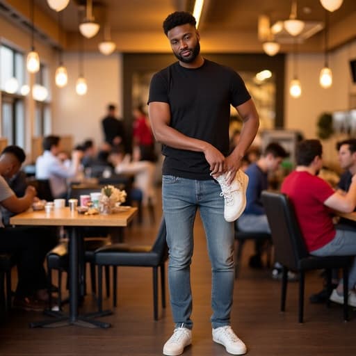 캐주얼한 의상을 입은 30대 초반의 흑인 남성이 번화한 레스토랑에서 약간 의기소침한 표정을 지으며 신발을 신으려는 자세를 취하고 있습니다. 배경에는 간식이 놓인 테이블과 대화 중인 다른 손님들이 보이며, 장면의 분위기를 더해주고 있습니다.