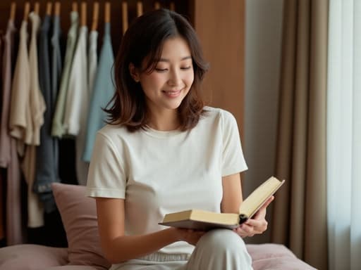 30대 초반의 한국인 여성은 다양한 옷이 걸린 옷장 앞에 서서 캐주얼한 티셔츠와 편안한 팬츠를 입고 있습니다. 그녀는 책을 들고 집중한 표정으로 읽고 있으며, 세련된 웨이브 헤어스타일로 활기찬 분위기를 연출하고 있습니다.