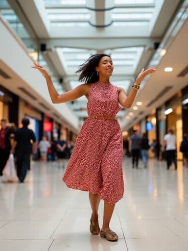 30대 후반의 유럽계 여성이 화려한 패턴의 드레스를 입고 스타일리시한 액세서리를 착용한 전체 몸샷입니다. 그녀는 현대적인 쇼핑몰 중앙에서 자유롭고 행복한 표정으로 춤을 추고 있으며, 배경에는 분주한 사람들과 다양한 상점들이 보입니다.
