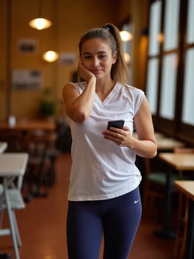 편안한 운동복을 입은 10대 후반의 유럽계 여성이 아늑한 카페에서 스마트폰을 들고 실망한 표정을 지으며 서 있습니다. 테이블과 의자가 배치된 카페의 따뜻한 분위기는 그녀의 캐주얼한 모습과 어우러져 초대하면서도 내성적인 장면을 만들어냅니다.