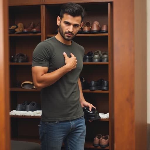 30대 후반의 중동계 남성이 다양한 신발이 진열된 옷장 앞에서 서 있는 모습을 반신 샷으로 촬영한 이미지입니다. 그는 캐주얼한 티셔츠와 청바지를 입고 있으며, 무관심한 표정을 짓고 손을 가슴에 대고 신발을 신기 전의 자세를 취하고 있습니다. 부드럽게 비치는 조명이 편안하면서도 세련된 분위기를 전달합니다.