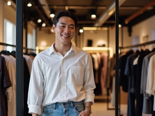 20대 후반의 한국 남성이 반신을 담은 사진에서 스타일리시한 셔츠와 청바지를 입고 밝게 웃으며 거울을 바라보는 모습입니다. 세련된 패션 매장 내부의 다양한 의류가 배경으로 펼쳐져 있습니다. 이 이미지는 자신감과 현대적인 패션 트렌드를 전달합니다.