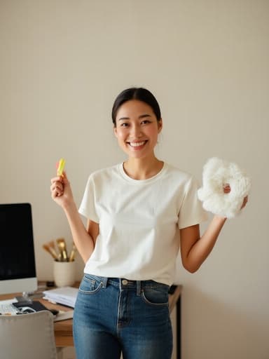 20대 후반의 동양인 여성이 편안한 티셔츠와 청바지를 입고, 정돈된 사무실 책상 앞에서 청소 도구를 들고 즐거운 표정을 지으며 반신을 촬영한 이미지로, 작업 공간에서의 생산성과 즐거움을 잘 표현하고 있습니다.