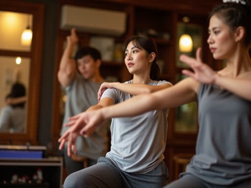 20대 후반 아시아계 여성의 반신 사진으로, 자연스러운 외모를 가진 그녀는 캐주얼한 티셔츠와 조거 팬츠를 입고 친구와 함께 아늑한 바에서 몸을 기울이며 스트레칭하고 있습니다. 의기소침한 표정이 바의 따뜻한 분위기 속에서 자기 성찰의 순간을 포착합니다.