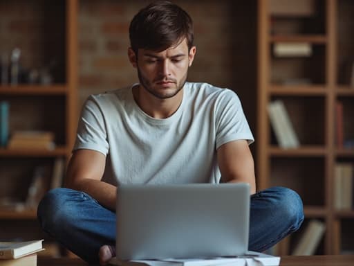 20대 초반의 백인 남성이 편안한 티셔츠와 청바지를 입고 스터디룸에서 크로스 레그로 앉아 있습니다. 그는 노트북을 바라보며 불만스러운 표정을 짓고 있으며, 흩어져 있는 책과 노트들이 공부 분위기를 더하고 있습니다.