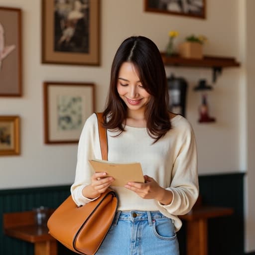 아늑한 카페에서 편안한 캐주얼 의상을 입고 세련된 가방을 매고 미소를 지으며 메뉴를 살펴보는 20대 중반의 한국인 여성. 배경에는 다양한 예술 작품들이 전시되어 있어 따뜻하고 매력적인 분위기를 자아낸다.