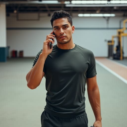 10대 후반의 라틴계 남성 모델이 스타일리시한 운동복을 입고 스마트폰을 들고 전화 통화 중인 모습의 반신 사진입니다. 그의 표정은 약간의 긴장감을 드러내며, 실내 운동장 배경이 이미지의 활동적인 주제를 강조합니다.