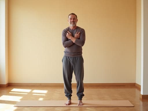 이 이미지는 40대 초반 유럽계 남성이 편안한 운동복을 입고 필라테스 매트 위에 서 있는 모습의 반신 사진을 담고 있습니다. 그는 부드럽게 조명된 깔끔한 필라테스 스튜디오에서 관객에게 인사하는 편안한 표정을 지니고 있습니다.