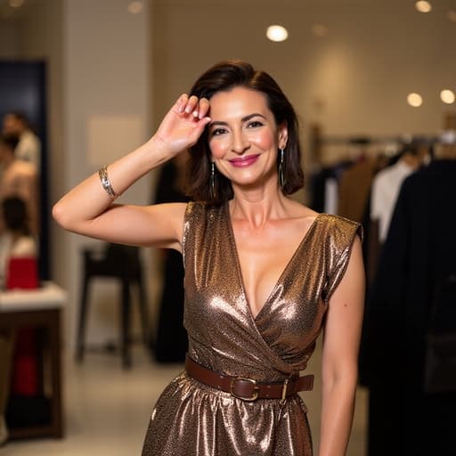 50대 초반의 자신감 있는 여성이 트렌디한 원피스와 고급스러운 액세서리를 착용하고 반신 촬영된 모습입니다. 그녀는 즐거운 표정을 지으며 손을 머리에 얹고 있습니다. 배경은 세련된 패션 매장으로 다양한 의류와 액세서리가 진열되어 있어 패셔너블한 분위기를 더하고 있습니다.