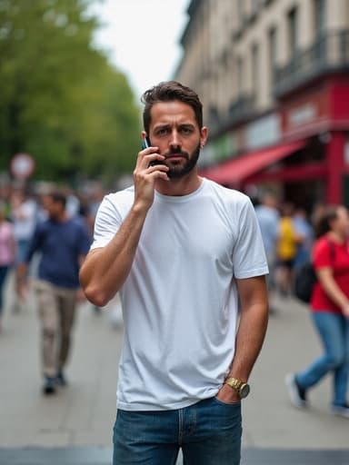 30대 후반의 백인 남성이 캐주얼한 의상을 입고 반신 촬영된 모습으로, 전화기를 귀에 대고 약간 피곤한 표정을 짓고 있습니다. 그는 사람들로 가득한 활기찬 거리에서 서 있으며, 도시 생활과 피로감을 전달하고 있습니다.