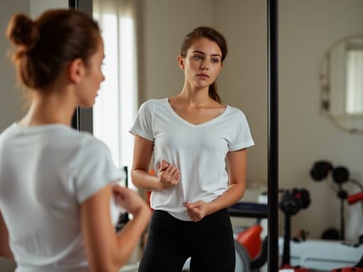 20대 초반 유럽계 여성이 거울 앞에 서서 흰색 티셔츠와 검정색 레깅스를 입고 있습니다. 그녀는 자신의 옷을 살펴보며 불안한 표정을 짓고 있으며, 편안한 집 안의 분위기 속에서 운동 용품들이 주변에 놓여 있어 편안하면서도 약간 긴장된 느낌을 줍니다.