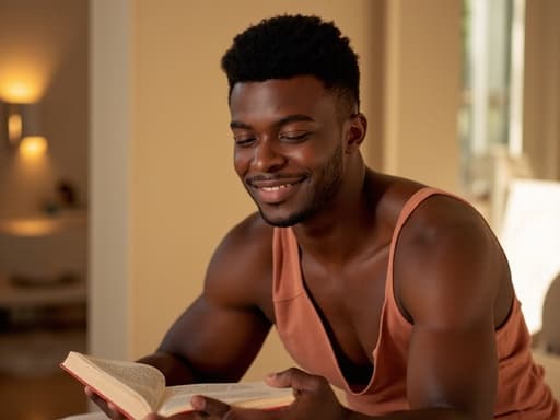 20대 중반의 흑인 남성이 편안한 요가 복을 입고 아늑한 스파 환경에 앉아 책을 들고 매력적인 미소와 편안한 표정을 짓고 있습니다. 자연광이 공간을 가득 채우며, 그가 책에 집중하는 모습은 건강과 마음 챙김을 구현하며 평화로운 분위기를 만들어냅니다.