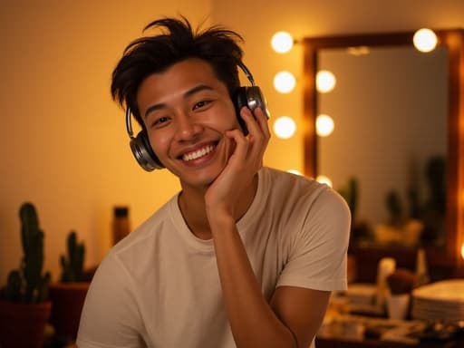 20대 후반의 아시아계 남성이 아늑한 화장대 앞에 서서 캐주얼한 복장을 입고 있습니다. 그는 헤드폰을 착용하고 밝게 웃으며 화장을 하고 있습니다. 따뜻한 조명이 아늑한 분위기를 만들어 주며 그의 즐거운 표정과 자연스러운 화장하는 동작을 잘 보여줍니다.