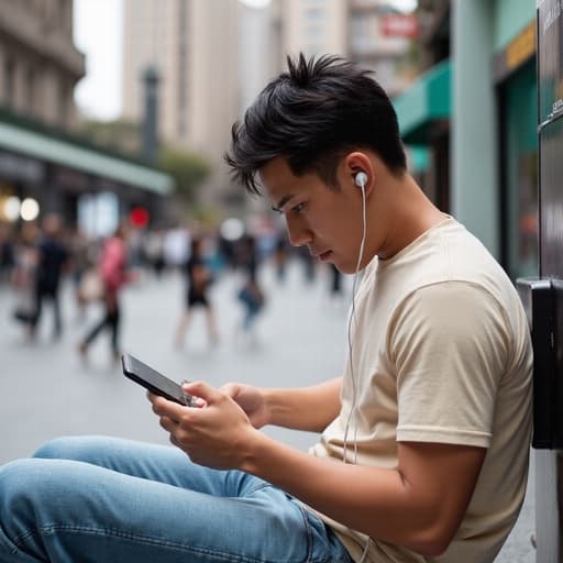20대 중반의 아시아계 남성이 반신 촬영으로 포착되어 있으며, 캐주얼한 티셔츠와 청바지를 입고 다리를 뻗고 앉아 있습니다. 이어폰을 끼고 스마트폰을 바라보며 스트레스를 받은 듯한 표정을 짓고 있습니다. 배경에는 사람들로 가득한 복잡한 도시 거리가 보이며, 그의 고독한 순간과 대조되는 활기찬 분위기를 만들어냅니다.