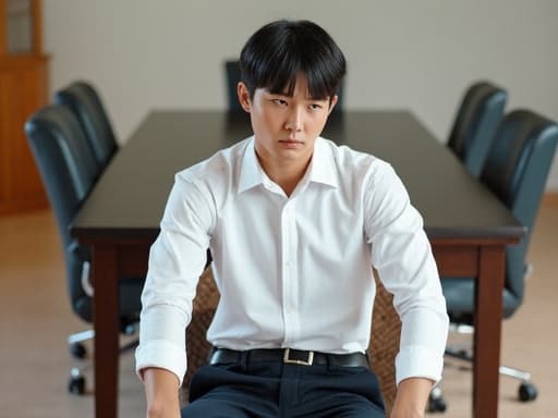 20대 초반의 동양인 남성이 흰색 셔츠와 어두운 바지를 입고 회의 테이블에 앉아 있는 반신 사진. 그는 팔짱을 끼고 편안한 자세를 취하며 무관심한 표정으로 약간의 피로감이 느껴지며, 주변에는 일반적인 사무용 가구들이 배치되어 있다.