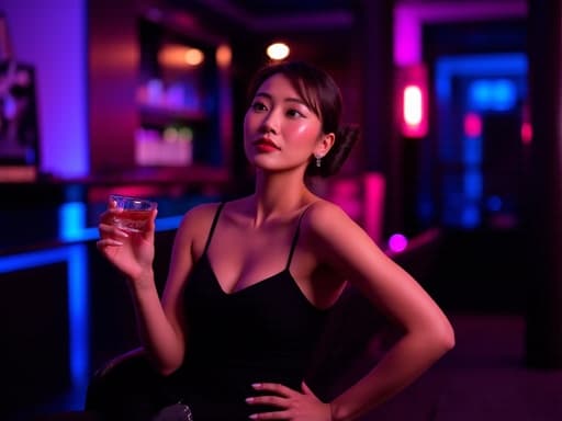 20대 초반의 동양인 여성이 세련된 블랙 드레스와 고급스러운 액세서리를 착용하고 자신감 있게 포즈를 취하며 음료를 한 손에 들고, 다른 손은 허리에 올리고 있는 모습. 어두운 조명과 화려한 네온사인으로 가득 찬 클럽 내부에서 촬영되었으며, 전체적인 화려한 분위기를 강조하고 있다.