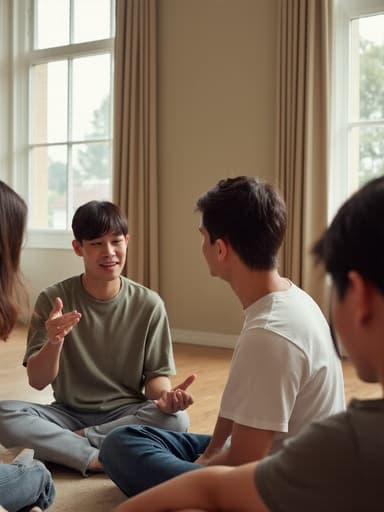 40대 초반의 한국인 남성이 자연스러운 외모로 편안한 캐주얼 셔츠와 청바지를 입고, 크로스 레그로 앉아 가족과 행복하게 대화하고 있는 모습의 반신 사진입니다. 아늑한 가정집의 거실에서 따뜻하고 즐거운 순간을 담고 있습니다.