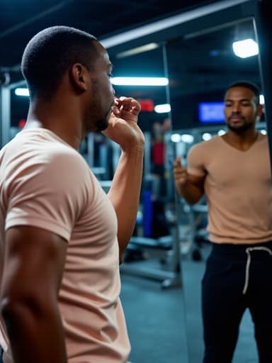 30대 초반의 건강한 흑인 남성이 헬스장 거울 앞에 서서 편안한 티셔츠와 트레이닝 팬츠를 입고 있습니다. 그는 자신의 피트니스 여정을 되돌아보며 깊은 생각에 잠긴 표정을 짓고 있으며, 주변에는 다양한 운동 기구가 밝은 조명 아래에 배치되어 있습니다.