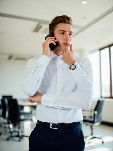 20대 초반의 유럽계 남성이 깔끔한 흰색 셔츠와 어두운 색의 정장 바지를 입고, 전화기를 귀에 대고 턱을 괴고 있는 모습으로 걱정스러운 표정을 지으며 현대적인 디자인의 회의실에서 자연광이 들어오는 장면을 담고 있습니다.