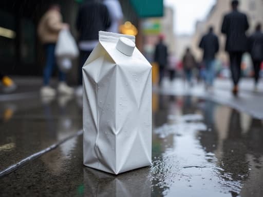 비 오는 도시 거리의 젖은 포장 도로 위에 있는 우유 팩, 흐림 배경의 도시적인 느낌.