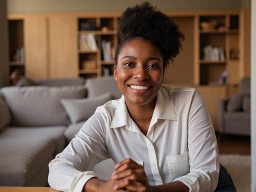 40대 중반의 아프리카계 여성이 자연스러운 외모로 아늑한 거실에서 편안하게 앉아 있는 반신 사진입니다. 그녀는 편안한 블라우스와 청바지를 착용하고 있으며, 친근한 표정과 밝은 미소를 짓고 있습니다. 팔은 테이블 위에 살짝 올려져 있어 따뜻한 분위기를 자아내고 있습니다. 배경은 소파와 책장이 있는 아늑한 공간입니다.