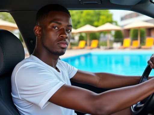 30대 초반의 아프리카계 남성이 지루한 표정을 짓고 있는 반신 사진입니다. 편안한 스포츠 의상을 입고 팔짱을 낀 채 운전하는 자세를 취하고 있으며, 배경에는 밝은 푸른 수영장과 일광욕 의자가 있어 여유로운 여름 분위기를 연출하고 있습니다.