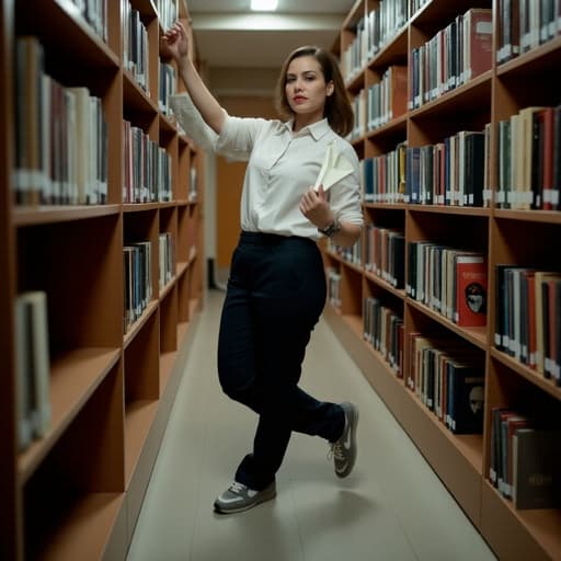 40대 초반 중동계 여성의 반신 샷으로, 깔끔한 블라우스와 바지, 실용적인 운동화를 착용하고 있으며, 도서관의 책장을 청소하는 모습에서 차가운 표정을 짓고 있습니다. 부드럽게 조명이 비추는 책들이 가지런히 정리된 도서관의 분위기가 그녀의 헌신적인 모습을 강조합니다.