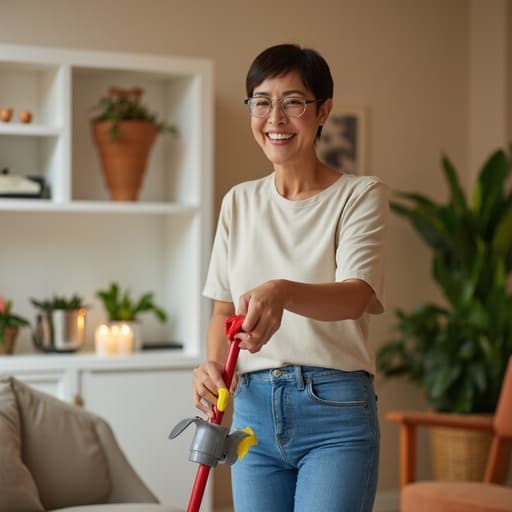 50대 초반의 아시아계 여성이 편안한 청바지와 밝은 색상의 티셔츠를 입고 활기찬 표정으로 미소 짓고 있는 반신 사진입니다. 그녀는 청소 도구를 들고 능숙하게 청소하는 자세를 취하고 있으며, 아늑하게 장식된 거실의 배경이 따뜻하고 초대하는 분위기를 만들어냅니다. 그녀의 쾌활한 모습은 전체 장면을 조화롭고 기분 좋게 만듭니다.