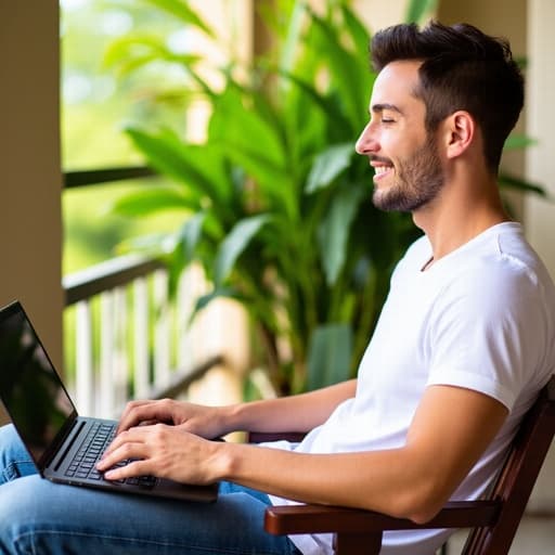 자연스러운 외모를 가진 20대 중반의 유럽계 남성이 편안한 티셔츠와 청바지를 입고 햇살이 잘 드는 베란다에서 행복한 표정으로 노트북을 사용하고 있으며, 푸른 식물들이 배경을 이루고 아늑하고 여유로운 분위기를 자아냅니다.