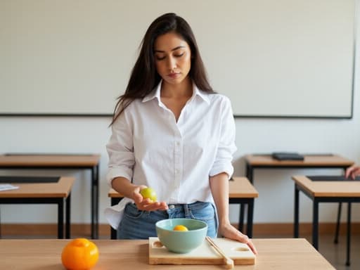 20대 중반의 라틴계 여성이 편안한 셔츠와 청바지를 입고 강의실의 테이블 위에 놓인 요리 재료를 살펴보며 무관심한 표정을 짓고 있습니다. 배경의 흰색 칠판과 여러 개의 책상이 그녀의 주변을 강조합니다.