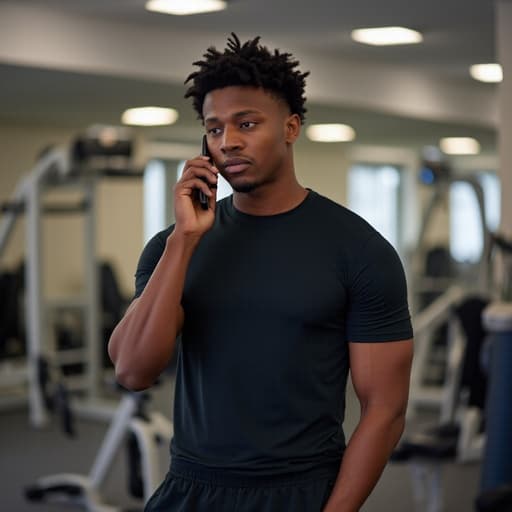 편안한 운동복을 입은 20대 초반의 혼혈 남성 모델이 반신 촬영으로 포착되었습니다. 그는 전화를 사용하며 고민하는 표정을 짓고 있으며, 한 손으로 전화를 들고 다른 손은 턱에 대고 있습니다. 배경은 운동 기구로 가득한 실내 체육관으로, 동기 부여가 되는 분위기를 만들어냅니다.