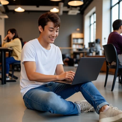 30대 중반의 동양인 남성이 현대적인 공유 오피스 공간 바닥에 앉아 노트북으로 디자인 작업에 집중하고 있는 모습입니다. 그는 캐주얼한 티셔츠와 청바지를 착용하고 편안한 스니커즈를 신고 있습니다. 그의 표정은 활기차고 긍정적이며, 다양한 사람들이 협력하는 현대적인 사무실 환경이 배경에 있습니다.