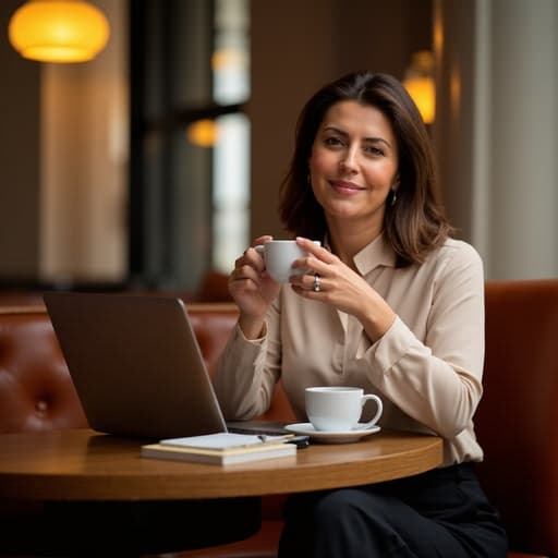 40대 초반의 중동계 여성이 세련된 블라우스와 맞춤형 슬랙스를 입고 아늑한 카페 테이블에 앉아 자신감 있는 표정을 지으며 프레젠테이션을 준비하는 반신 촬영입니다. 그녀의 앞에는 노트북이 놓여 있으며, 배경에는 커피잔과 책들이 예쁘게 배열되어 있는 따뜻한 카페 내부가 보입니다. 전체적인 분위기가 초대하는 듯한 느낌을 줍니다.