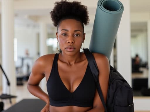 30대 중반의 흑인 여성이 현대적인 필라테스 스튜디오에서 편안한 운동복을 입고 서 있습니다. 한 손에 필라테스 매트를 들고 가방을 어깨에 메고 있는 그녀는 깊은 생각에 잠긴 듯한 표정을 지으며, 현대적인 피트니스 환경 속에서 사색적인 분위기를 자아냅니다.