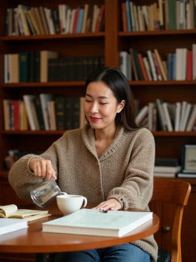 30대 후반 아시아계 여성의 반신 촬영으로, 자연스러운 외모를 가진 그녀는 편안한 니트 스웨터와 청바지를 입고 있습니다. 차분한 표정으로 커피를 마시고 있으며, 책과 강의 자료가 놓인 학습 공간에 둘러싸여 있어 여유롭고 초대하는 분위기를 자아냅니다.