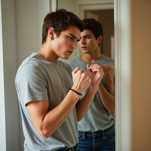 10대 후반의 유럽계 남성이 화장실 거울 앞에 서서 캐주얼한 티셔츠와 청바지를 입고 있습니다. 그는 실망한 표정을 짓고 주먹을 쥐고 있어 긴장감을 나타내고 있습니다. 배경은 깔끔하게 정돈된 화장실로, 사색적인 분위기를 만들어냅니다.